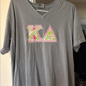 Gray V-Neck T-Shirt with Pink and Green Letters
